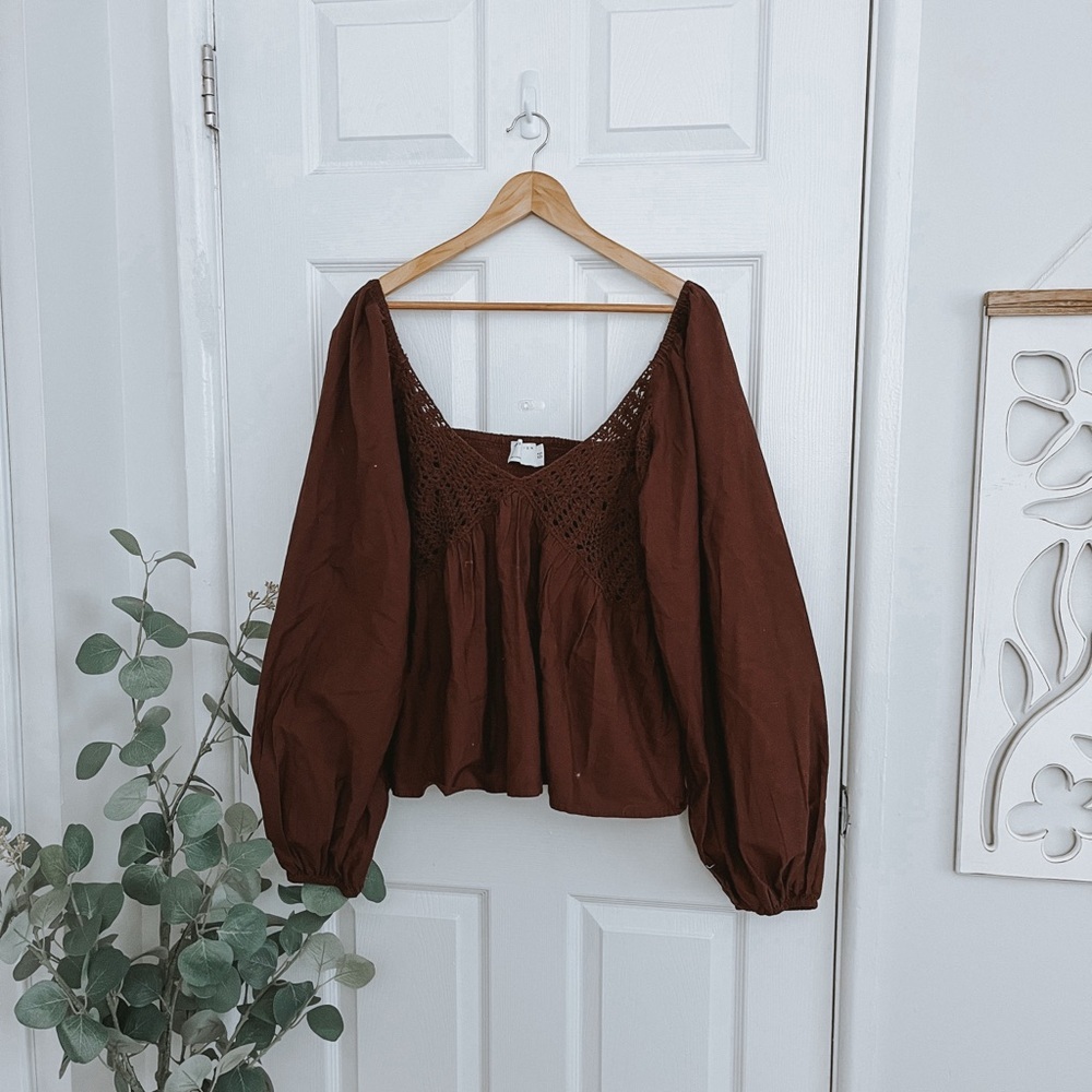 ASOS Brown Crochet Cotton Blouse Top - Picture 2 of 6